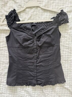 Brandy Melville Black Ruffle Button-Front Top